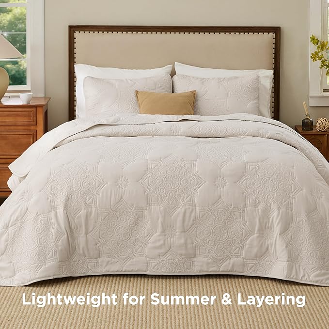 Bedsure Quilts Queen Size - Stitch-Free Ultrasonic Quilting, Beige Bedspread with Modern Vintage Mandala Embossed Pattern, Lightweight All-Season Comforter & Coverlet, 90 x 96 Inches | Stitch-Free Quilting, Ultra Soft, Lightweight, Machine Washable, Pe...