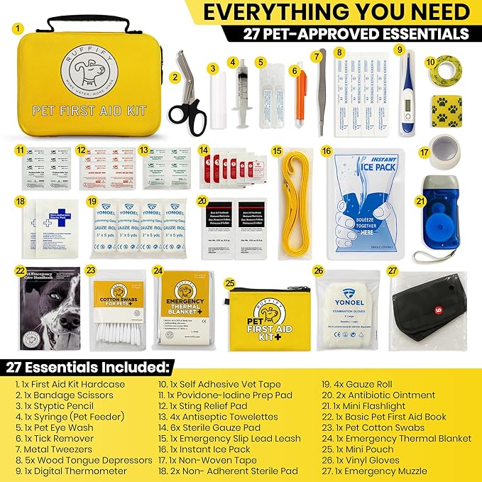 Dog First Aid Kit – Essential Items Pet Emergency Kit Accessories for Car, Travel, Hunting, Hiking & Camping Gear with Mini Pouch for Home, Office & Outdoor Adventures