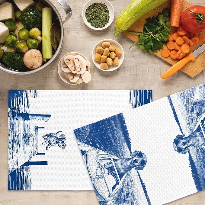 Lake House Decor Dachshund Kitchen Towels Set of 2, Summer Funny Lake Dog Coastal Bathroom Hand Towel, Dog Lover Gifts Tea Towel Dish Towels 16x24 Inch