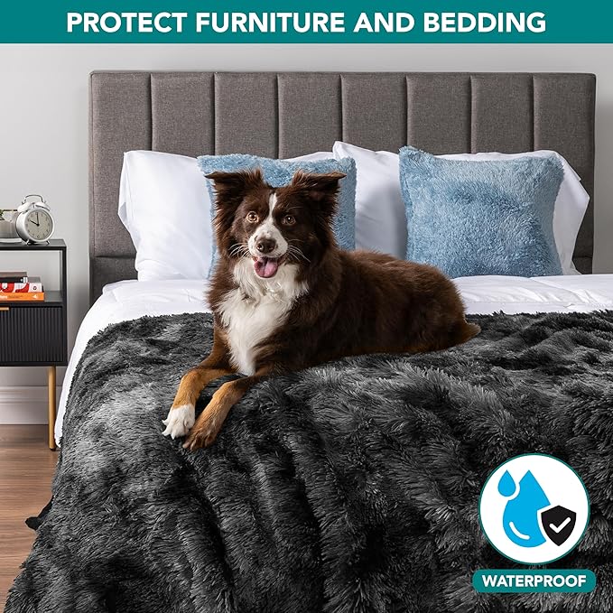 PetAmi Waterproof Dog Blanket for Large Dog, Queen Size Calming Pet Blanket Couch Cover Protector, Sherpa Faux Fur Cat Throw for Sofa Furniture Bed, Soft Fluffy XL, 90x90 Tie-Dye Black
