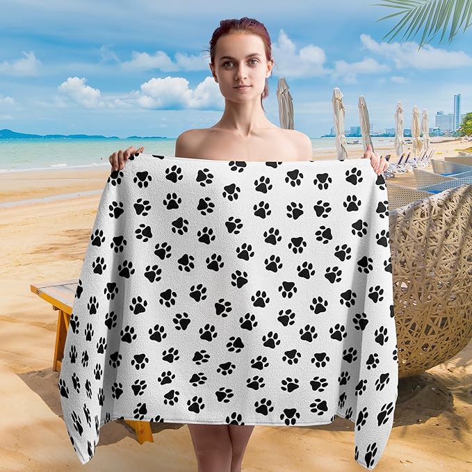 Cute Paws Dog Pet Beach Towel Gifts for Women Dog Lovers Owner, Funny Black and White Microfiber Quick Dry Travel Sand Free Beach Towels Oversized Decor for Bathroom Swimming Pool 30x60 Inch