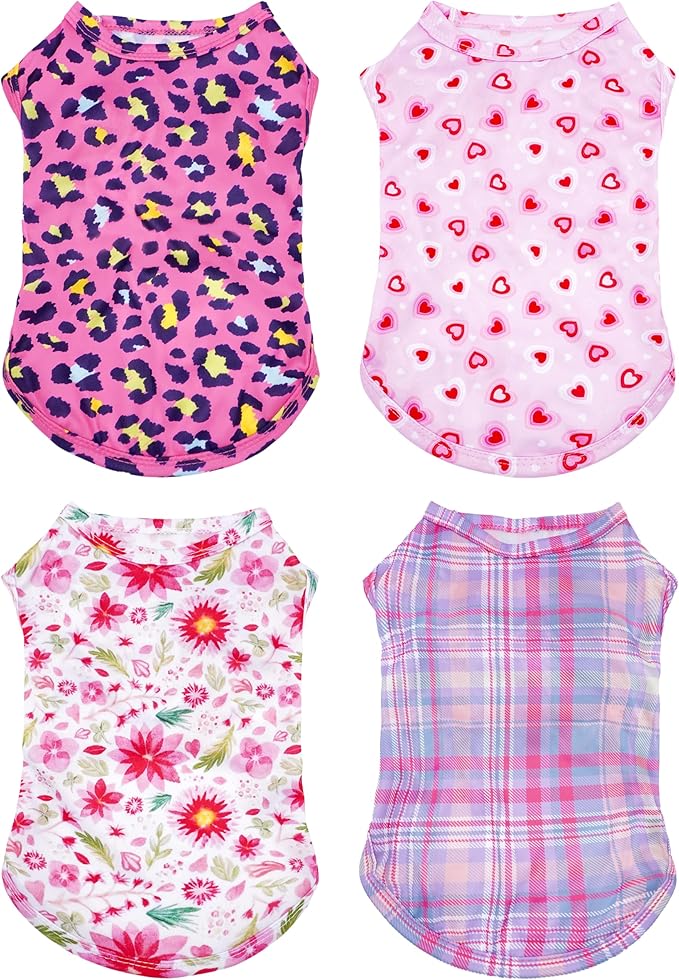 PET SHOW 4 Pack Paw Bone Printed Dog Clothes Shirts Soft Vest Lightweight Sleeveless Cats Doggies T-Shirts Puppies Tank Top Tee for Small Medium Dogs White Black Pink Blue (X-Large, Pink for Girls)