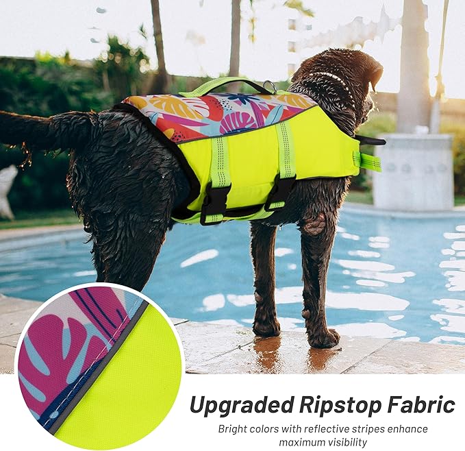 cyeollo Dog Life Jacket Reflective Printed Dog Life Vest for Swimming Boating, High Buoyancy Pet Safety Vest Lightweight Small Medium Large Dog Lifejackets with Front Float, Fluorescent Yellow L