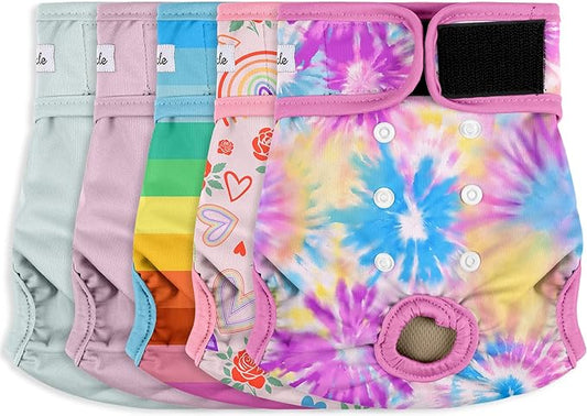 Female Dog Diapers 5Pcs - Premium Reusable Diapers for Doggie in Heat - Highly Absorbent Dog Diapers Female for Pet Incontinence with Adjustable Snaps, Rainbow, XXL