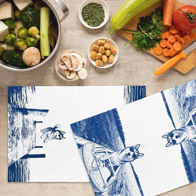 Lake House Decor Husky Kitchen Towels Set of 2, Summer Funny Lake Dog Coastal Bathroom Hand Towel, Dog Lover Gifts Tea Towel Dish Towels 16x24 Inch