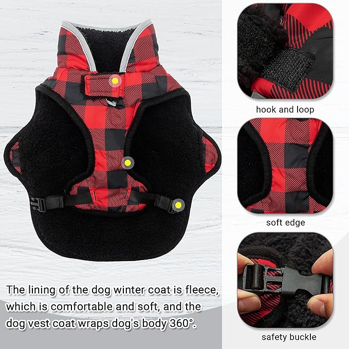 Dog Winter Coat - Warm Dog Clothes for Rain Snow Wind Cold Weather - Reflective Plaid Adjustable Windproof Pet Vest Jacket with Leash Hole for Small Medium Large Dogs Indoor Outdoor