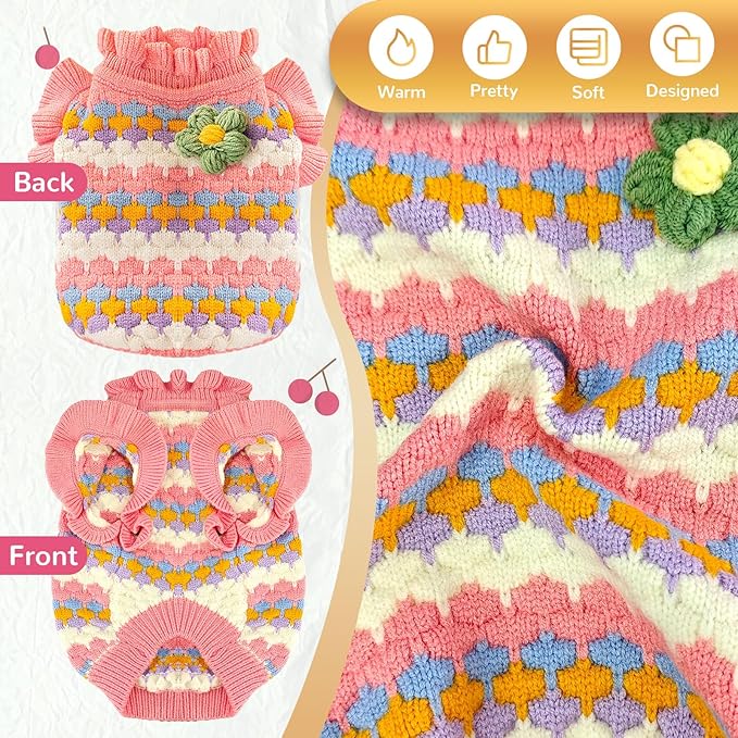 BAEJMJK Cute Flower Small Dog Sweater Soft Girl Dog Clothes Turtleneck Warm Pet Puppy Knitted Pullover Princess Dogs Cats Outfits(Pink,Medium)