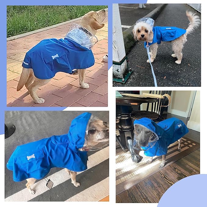Waterproof Dog Raincoat, Adjustable Reflective Lightweight Pet Rain Clothes with Poncho Hood (3X-Large, Blue)