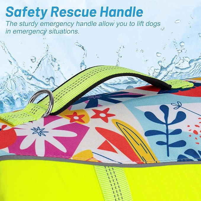cyeollo Dog Life Jacket Reflective Printed Dog Life Vest for Swimming Boating, High Buoyancy Pet Safety Vest Lightweight Small Medium Large Dog Lifejackets with Front Float, Fluorescent Yellow S