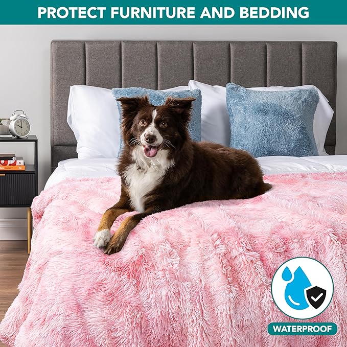 PetAmi Waterproof Dog Blanket for Large Dog, Queen Size Calming Pet Blanket Couch Cover Protector, Sherpa Faux Fur Cat Throw for Sofa Furniture Bed, Soft Fluffy XL, 90x90 Tie-Dye Pink
