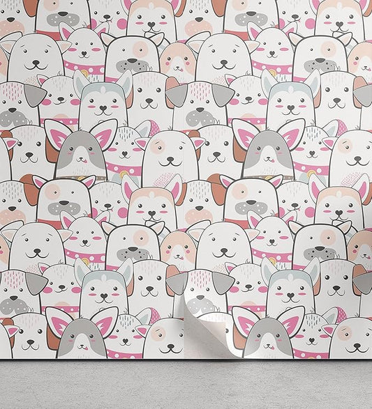 Ambesonne Dogs Peel & Stick Wallpaper for Home, Funny Animal Portraits with Smiles on Their Faces Cartoon Puppies Kawaii, Self-Adhesive Living Room Kitchen Accent, 13" x 100", Pink Grey and White