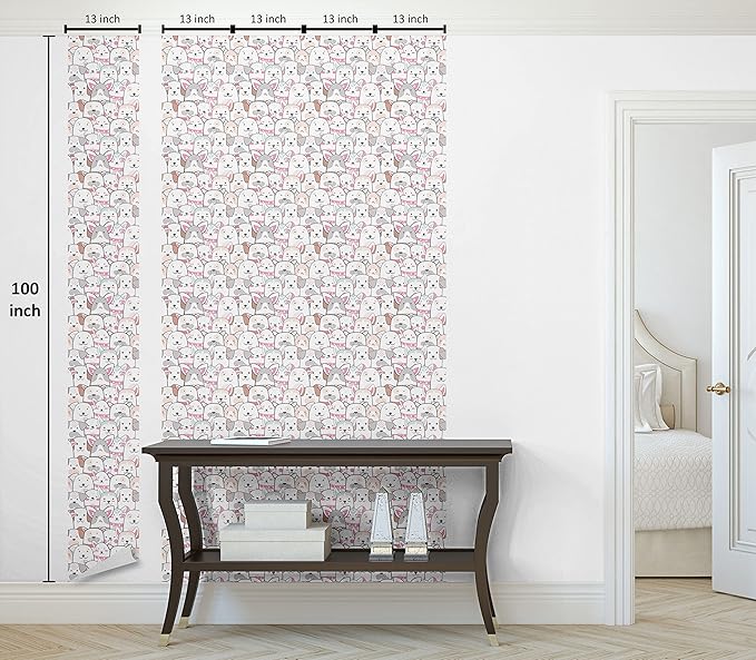 Ambesonne Dogs Peel & Stick Wallpaper for Home, Funny Animal Portraits with Smiles on Their Faces Cartoon Puppies Kawaii, Self-Adhesive Living Room Kitchen Accent, 13" x 100", Pink Grey and White