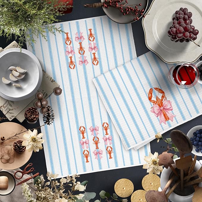 Pink Bow Lobster Coastal Kitchen Towels, Preppy Blue Striped Crawfish Beach Dish Tea Towels for Kitchen Decor, Beach Seafood Hand Towels, Seafood Boil Party Supplies, 16x24 Inch Set of 2