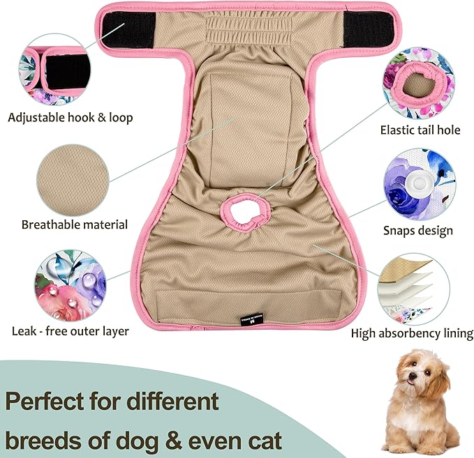 Female Dog Diapers - Reusable Diapers for Doggie in Heat - Highly Absorbent for Pet Incontinence with Snaps (Pack of 3) Rose, XS