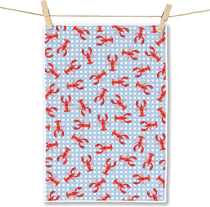 Blue White Checkered Lobster Beach Kitchen Towels, Ocean Crawfish Dish Tea Towels for Kitchen, Coastal Nautical Hand Towels for Bathroom, Seafood Boil Party Supplies, 16x24 Inch