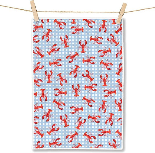 Blue White Checkered Lobster Beach Kitchen Towels, Ocean Crawfish Dish Tea Towels for Kitchen, Coastal Nautical Hand Towels for Bathroom, Seafood Boil Party Supplies, 16x24 Inch