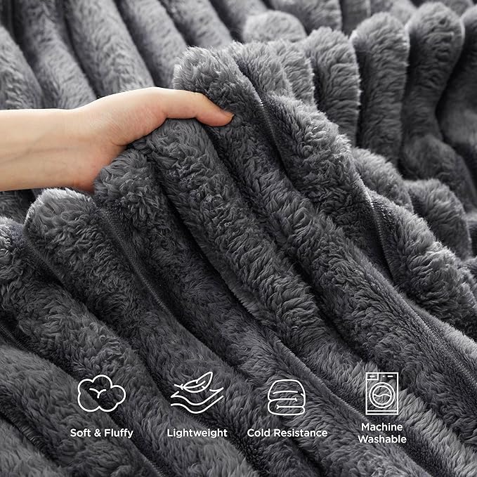 Bedsure King Size Blanket for Bed - 350GSM Super GentleSoft Fuzzy Fluffy Cozy Blankets for Women, Cute Large Plush Fleece Throws for Girls, Grey，108x90 Inches, Wider Striped Design