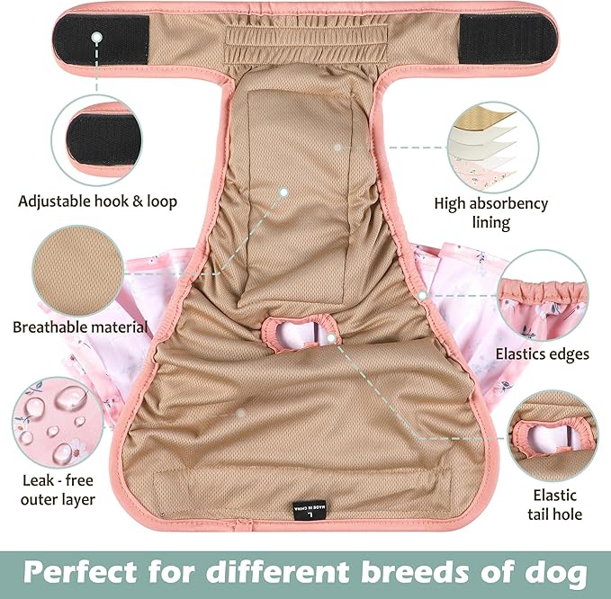 Washable Female Dog Diapers Skirt(4 Pack) - Reusable Doggie Diapers with Adjustable Snaps, High Absorbency Leak-Proof Puppy Diapers for Female Dog in Heat, Period, Incontinence XL