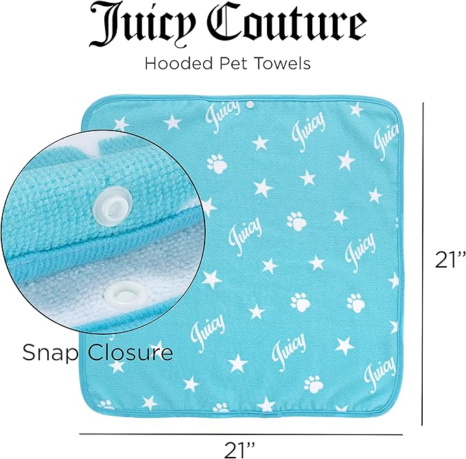 JUICY COUTURE Hooded Towel 100% Microfiber Dog & Cat Drying Towel with Hood & Snap Closure, Absorbent Quick Dry Machine Washable Hooded Towels (Turquoise Blue)