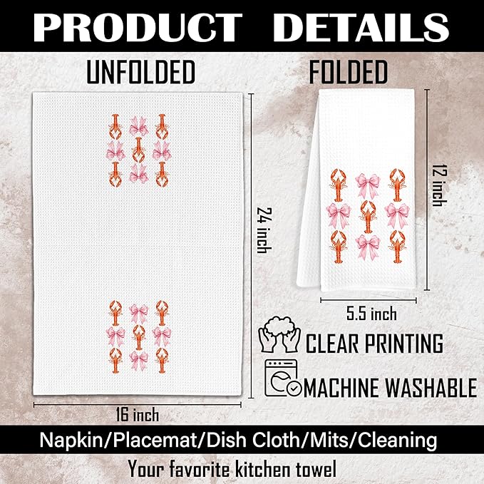 Pink Coquette Bow Crawfish Beach Kitchen Towels, Lobster Lover Gifts Dish Tea Towels for Kitchen, Coastal Nautical Hand Towels for Bathroom, Seafood Boil Party Supplies, 16x24 Inch