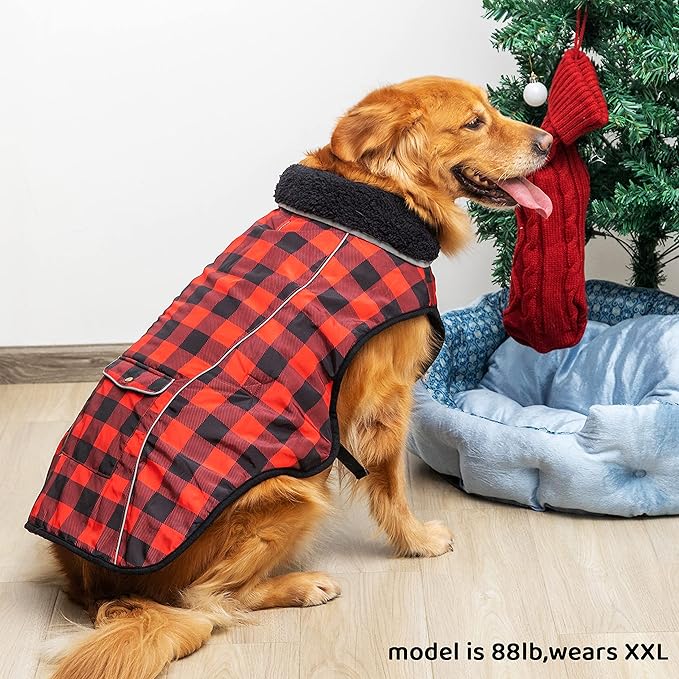 Dog Winter Coat - Warm Dog Clothes for Rain Snow Wind Cold Weather - Reflective Plaid Adjustable Windproof Pet Vest Jacket with Leash Hole for Small Medium Large Dogs Indoor Outdoor