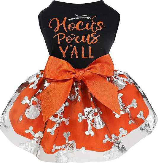 Fitwarm Hocus Pocus Y'all Funny Dog Halloween Tulle Dress, Holiday Dog Clothes for Small Dogs Girl, Funny Pirate Skull Pet Costume, Witch Cat Outfit, Orange, Black, Large