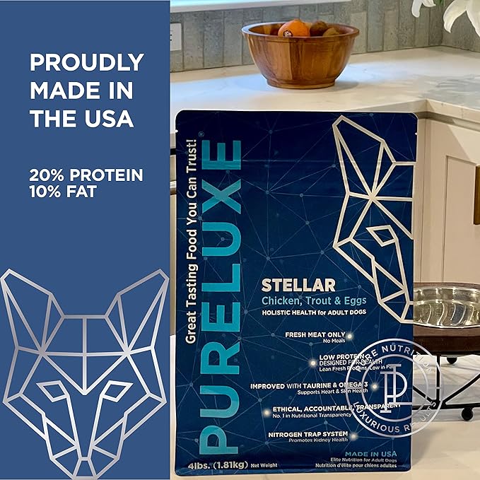 PURELUXE Grain & Gluten Free Dog Food, Stellar Holistic Low Protein & Fat Chicken, Trout & Eggs for Adult & Senior Dogs