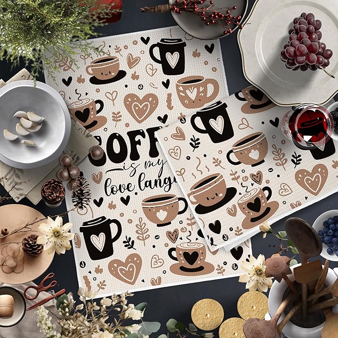 Trendy Coffee Kitchen Towels Set of 2, Coffee Lover Gifts Ideas Dish Tea Hand Towels for Kitchen Bar Station Shop Decor, Barista Towels, Barista Gifts, 16x24 Inch