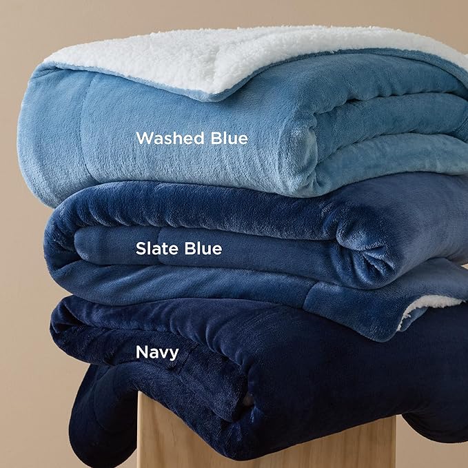 Bedsure GentleSoft Sherpa Fleece Throw Blanket for Couch, Non-Heated, Thick and Warm Throw for Women and Men, Soft Fuzzy Plush Blanket for Winter, Washed Blue, 50x60 Inches