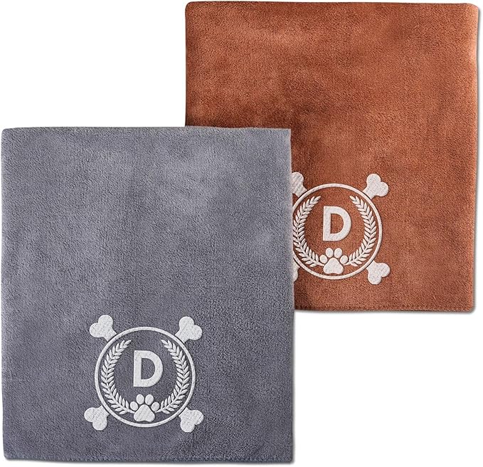 InnoBeta Personalized Dog Towels for Drying Dogs - Pack of 2 - Super Absorbent Soft Microfiber Pet Bath Grooming Towel for Dogs, Monogrammed Initial for Dogs (40 X 23.6 Inches, Grey and Brown) - D