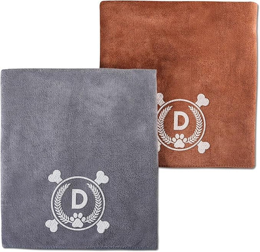 InnoBeta Personalized Dog Towels for Drying Dogs - Pack of 2 - Super Absorbent Soft Microfiber Pet Bath Grooming Towel for Dogs, Monogrammed Initial for Dogs (40 X 23.6 Inches, Grey and Brown) - D