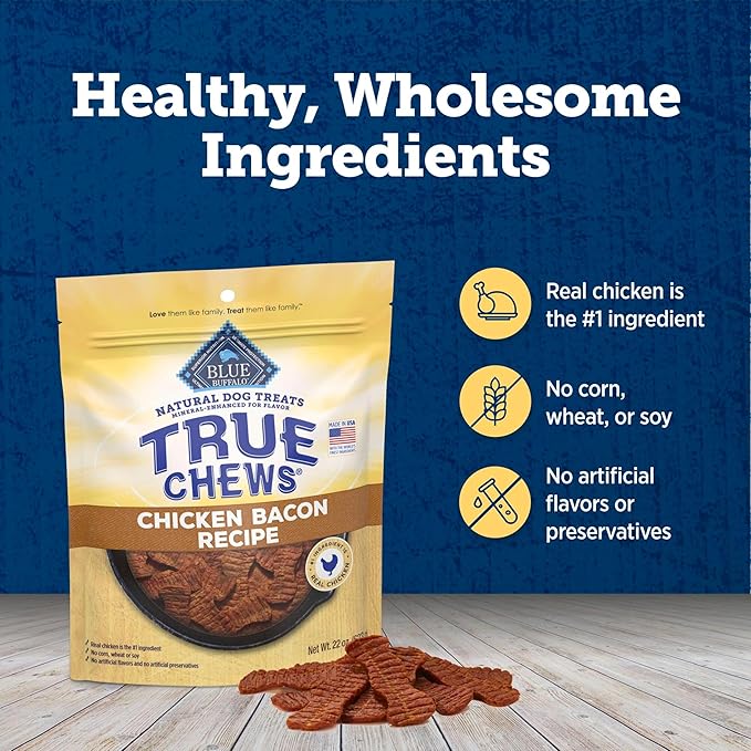 Blue Buffalo True Chews Dog Treats, Made in The USA with Natural Ingredients, Chicken Bacon Recipe, 22-oz Bag (Pack of 4)