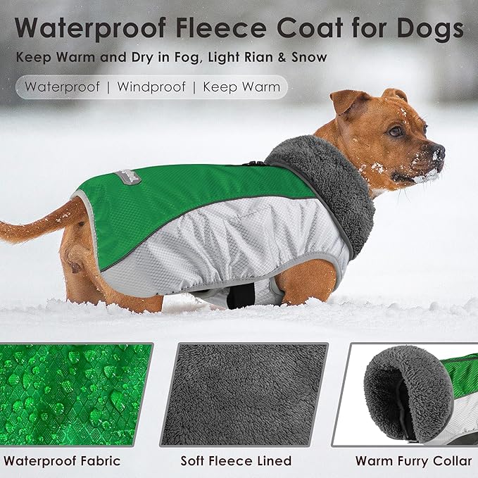 Dog Coat, Waterproof Ripstop Dog Winter Jacket with Leash Hole, Reflective Adjustable Warm Pet Fleece Snow Sweater for Small Medium Large Dogs - Green, S