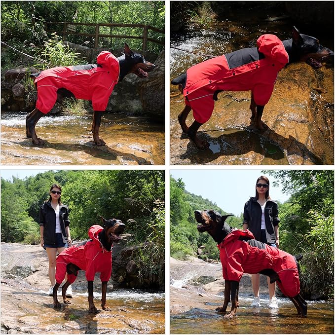 LOVELONGLONG Waterproof Dog Raincoat with Removable Hood – Outdoor Full Body Dog Jacket, Windproof Snowproof Shell Suit – All Season Pet Rain Gear Red S