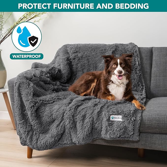 PetAmi Waterproof Dog Blanket for Large Dog, Calming Pet Blanket Bed Couch Cover Protector, Washable Sherpa Faux Fur Throw for Sofa Furniture Protection, Soft Fluffy 60x80 Gray