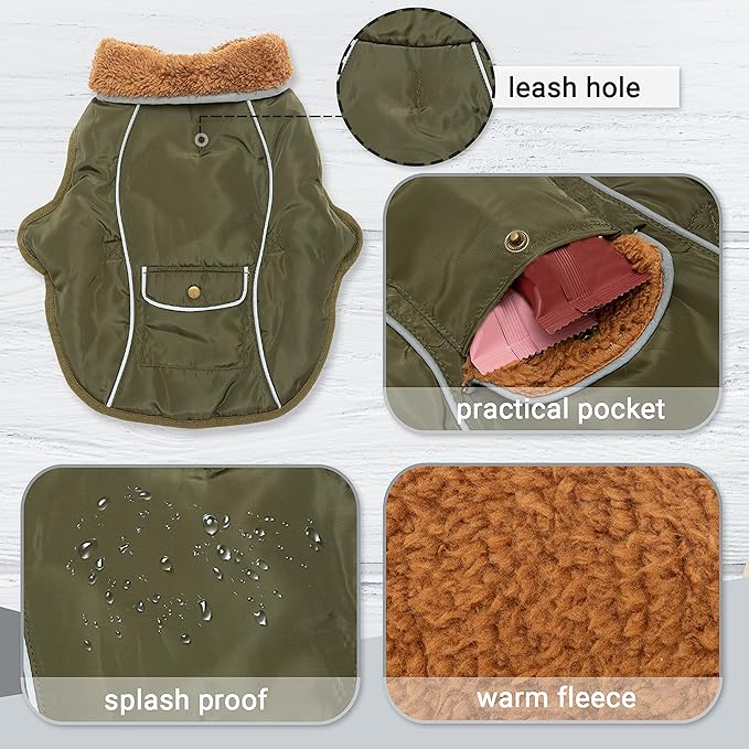 Dog Winter Coat - Warm Dog Clothes for Rain Snow Wind Cold Weather - Reflective Green Adjustable Windproof Pet Vest Jacket with Leash Hole for Small Medium Large Dogs Indoor Outdoor