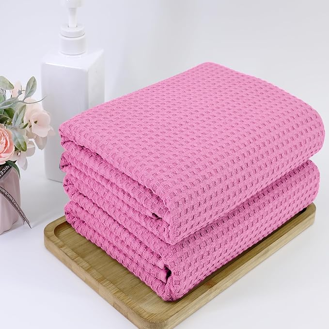 POLYTE Microfiber Oversize Quick Dry Lint Free Bath Towel, 60 x 30 in, Set of 2 (Pink, Waffle Weave)