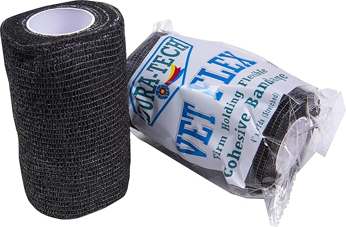 Dura-Tech Vet Flex Black Bandage First Aid Wrap | for Horses, Dogs and Others | Self-Adhesive Cohesive Tape | 4” Wide and 5 Yards of Length | Package of 18 Rolls