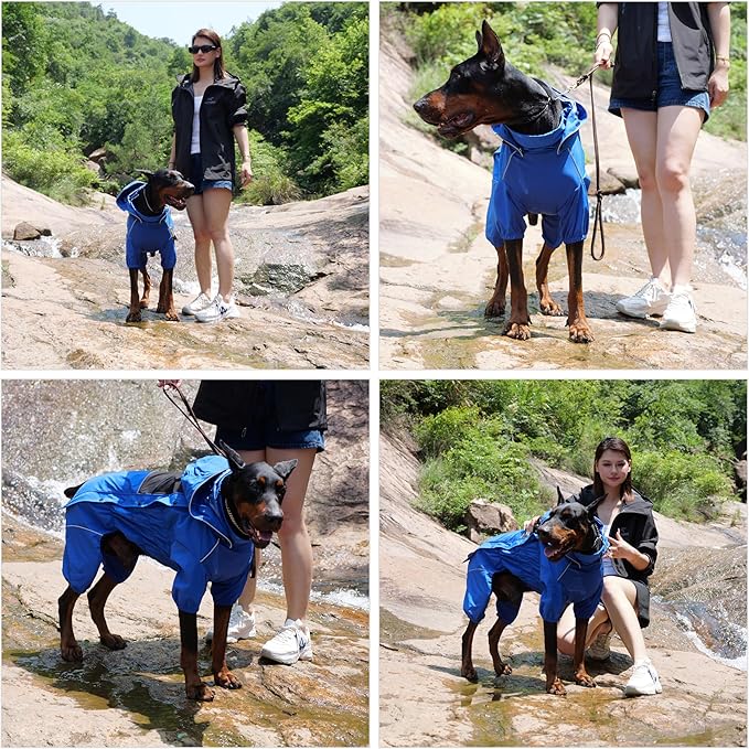 LOVELONGLONG Waterproof Dog Raincoat with Removable Hood – Outdoor Full Body Dog Jacket, Windproof Snowproof Shell Suit – All Season Pet Rain Gear Blue XL