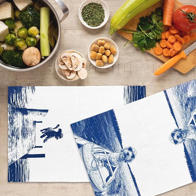 Lake House Decor Doodle Kitchen Towels Set of 2, Summer Funny Lake Dog Coastal Bathroom Hand Towel, Dog Lover Gifts Tea Towel Dish Towels 16x24 Inch