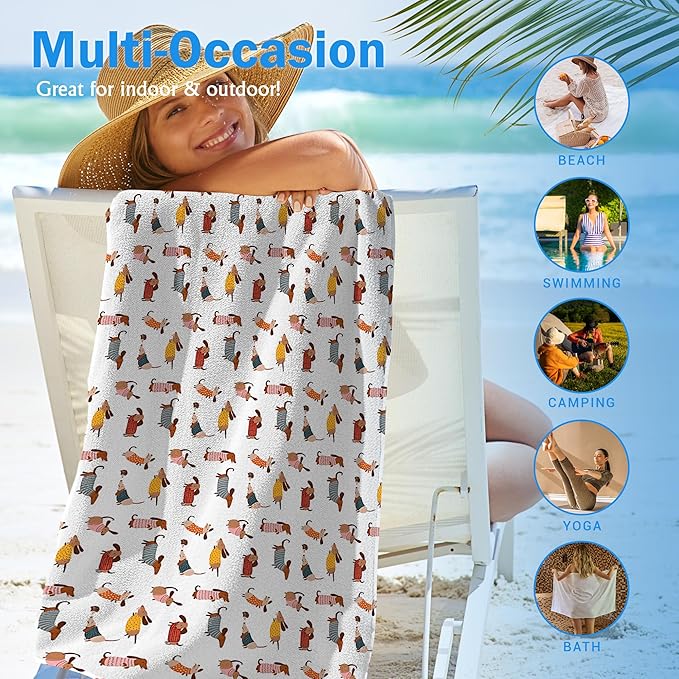Cute Dog Dachshund Beach Towel Gifts for Women Dog Lovers Owner, Funny Dogs Wiener Microfiber Quick Dry Travel Sand Free Beach Towels Oversized Decor for Bathroom Swimming Pool 30x60 Inch