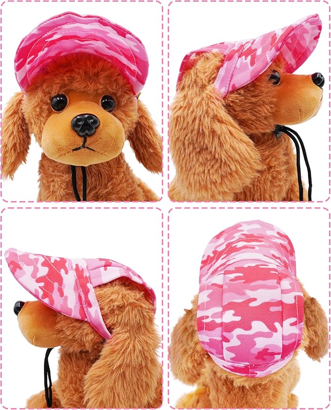 PET SHOW Dog Baseball Cap Camouflage Dog Visors for Small Doggy Cats Summer Waterproof Pet Sun Hats with Ear Holes Adjustable Drawstring Girl Puppy Hat -Pink/S