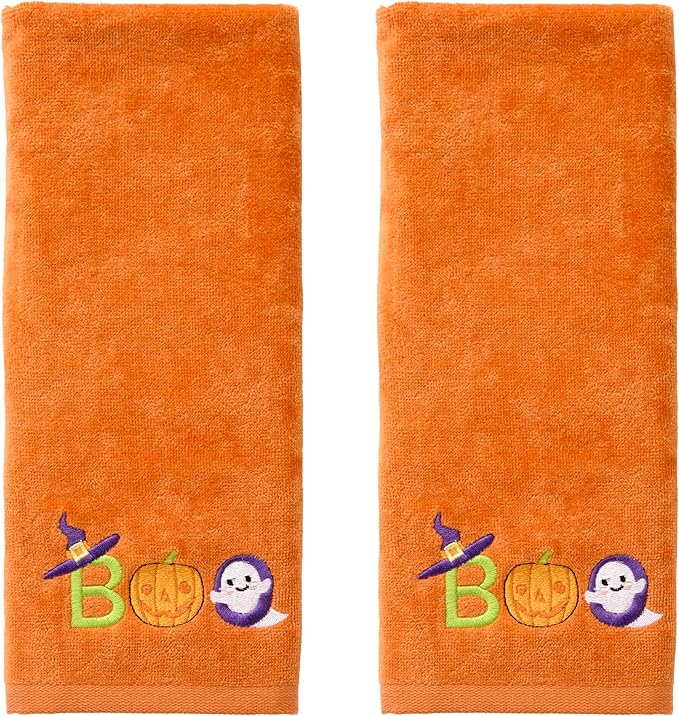 SKL Home Halloween Boo 100% Cotton Embroidered 2pc Hand Towel Set, Decorative for Bath/Kitchen/Bar & Gift, Orange
