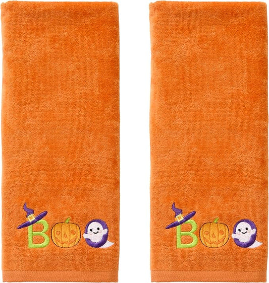 SKL Home Halloween Boo 100% Cotton Embroidered 2pc Hand Towel Set, Decorative for Bath/Kitchen/Bar & Gift, Orange