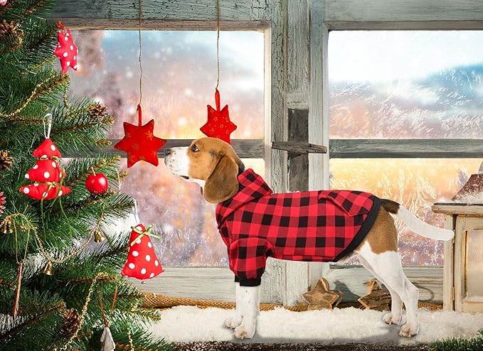 Dog Sweater Red Buffalo Plaid Pet Clothes Warm and Soft Breathable Cozy Small Pet Hoodies Dog Sweaters for Small Dogs with Pocket(XS)