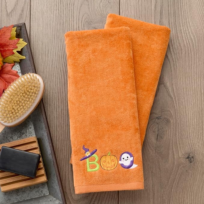 SKL Home Halloween Boo 100% Cotton Embroidered 2pc Hand Towel Set, Decorative for Bath/Kitchen/Bar & Gift, Orange