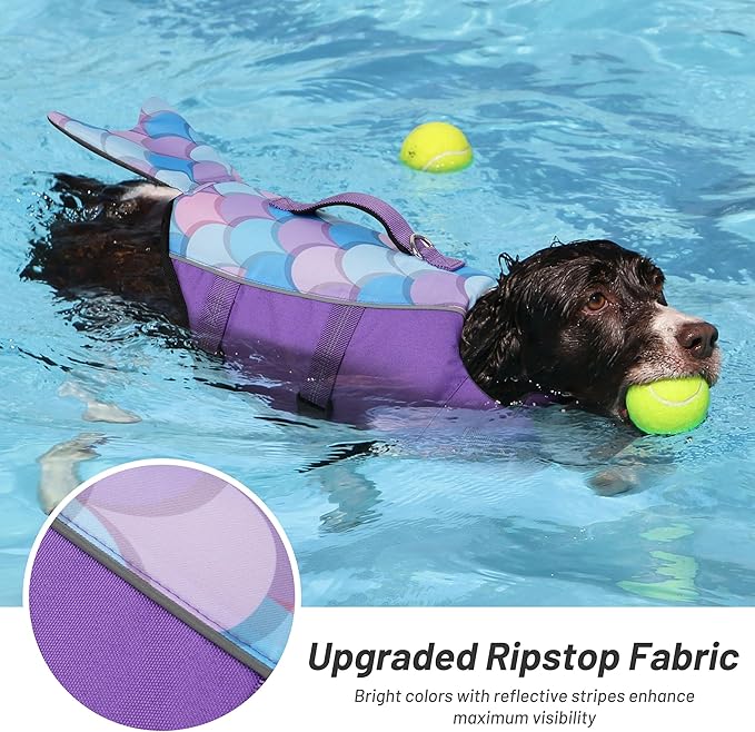 cyeollo Dog Life Jacket Reflective Mermaid Dog Life Vest for Swimming Boating, High Buoyancy Pet Life Preserver Lightweight Small Medium Large Dog Lifejackets with Front Float, Purple XL