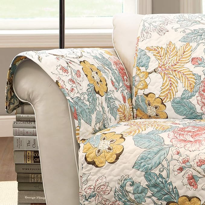 Lush Decor Sydney Furniture Protector, Arm Chair, 71" W x 75" L, Blue & Yellow - Flower Leaf Garden - Quilted Floral Chair Cover - Country Cottage Slipcover - Pet Protector For Chair