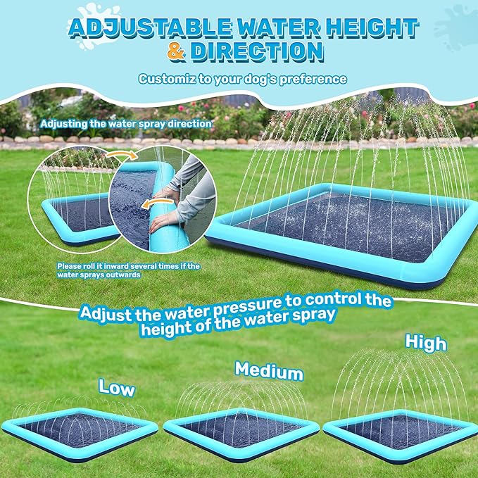 97'' Splash Pad for Dogs, Non-Slip Sprinkler for Kids, Square Splash Pad for Kids Ages 4-8, Splash Pads for Toddlers 1-3, Dog Sprinkler Shallow Pool, Outdoor Water Toys for Backyard, Teal