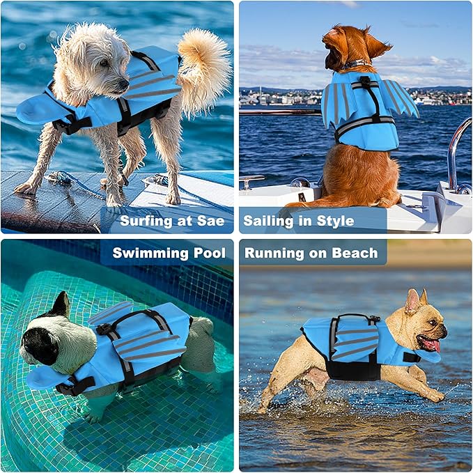 Dog Life Jacket, Cute Wings Adjustable Dog Life Vest with Chin Float and Handle for Swimming Boating Reflective High Buoyancy Swim Float Vest for Small Medium Large Dogs (Blue, XS)
